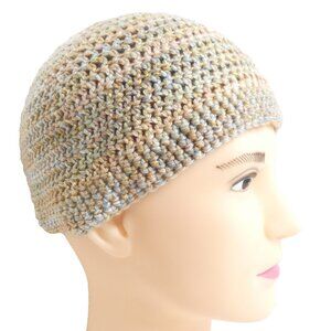 Brown Gray Stripe Cap OS Pastel Hat Short Beanie Handmade Crochet Knit NWT